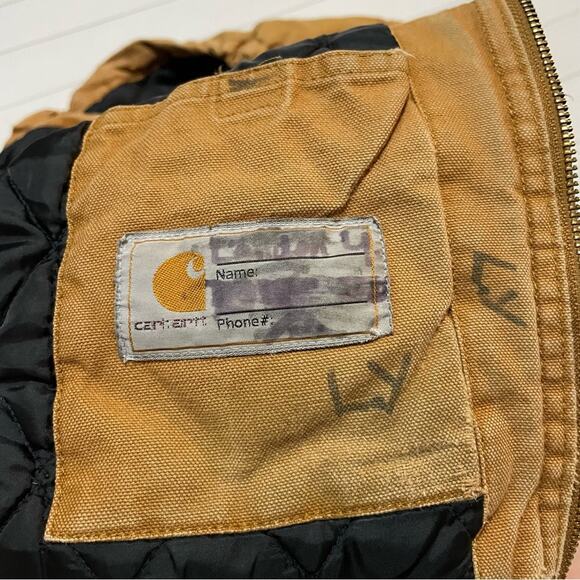 Carhartt Destroyed Distressed Brown Tan Full Zip Hooded Jacket Coat Boy XS‎ - Picture 14 of 14